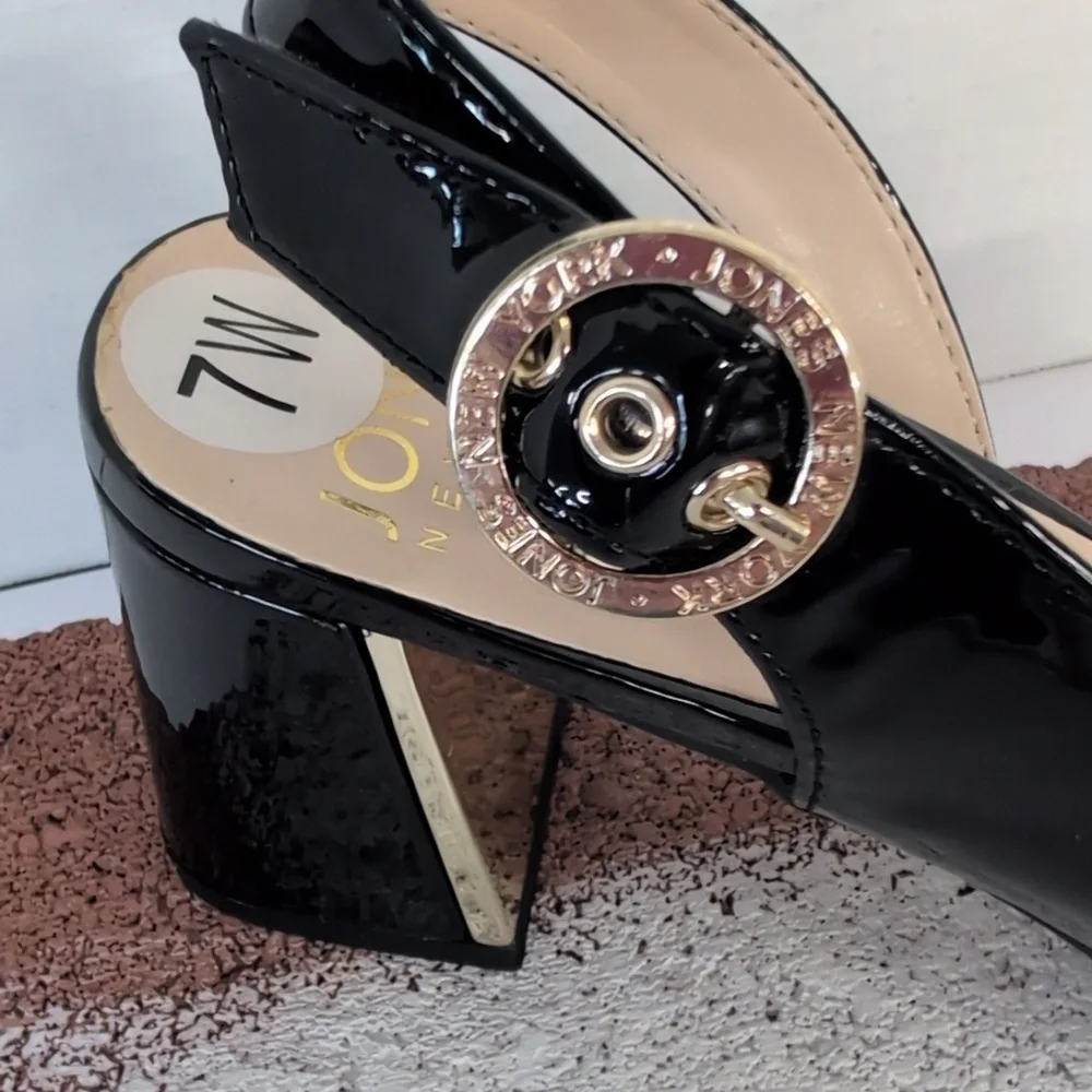Nine West Black Patent Heels With Comfort Insets Stylish Gold Buckle Size 7W
